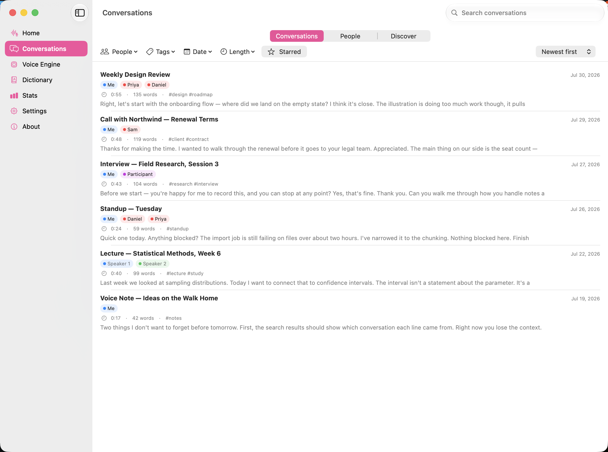 The conversation library: a scrollable list of conversations, each with a title, participant chips, duration, word count, tags, and a snippet, with filter and search controls above.